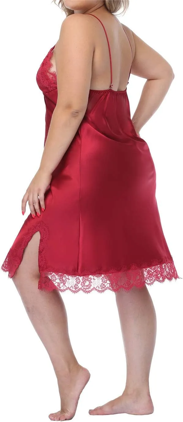 Women's Plus Size Full Slips Lace Chemise Lingeries Sexy Front Slit Negligees Silky Nightgown Sleepwear