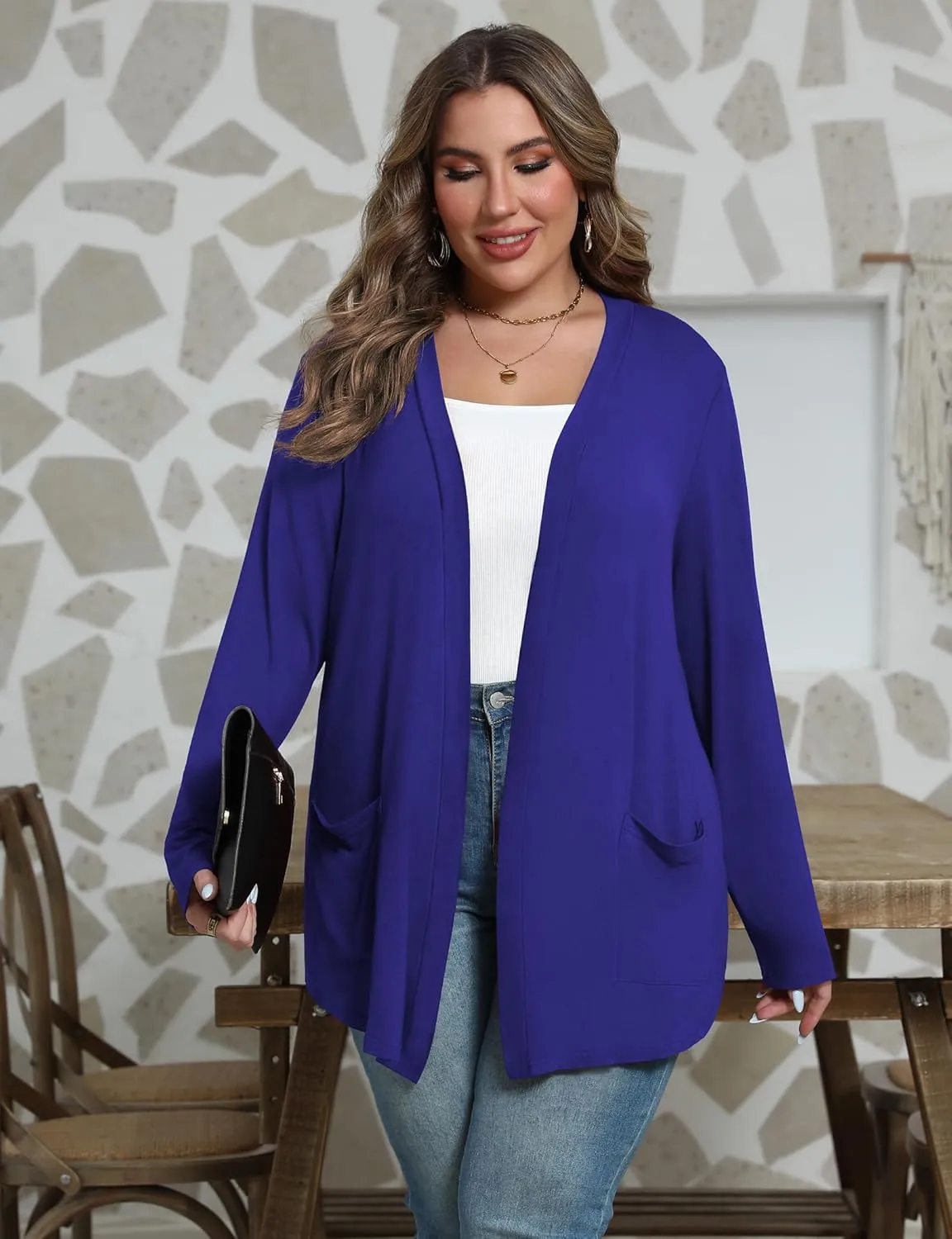 Women's Plus Size Lightweight Long Sleeve Casual Soft Open Front Cardigan Cover ups with Pockets