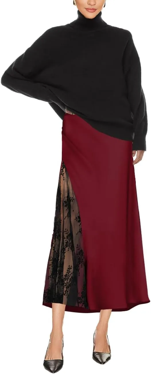 Women's Satin Silk Skirts A Line Flowy Ruffle Floral Lace Splicing Cocktail Party Maxi Long Skirt