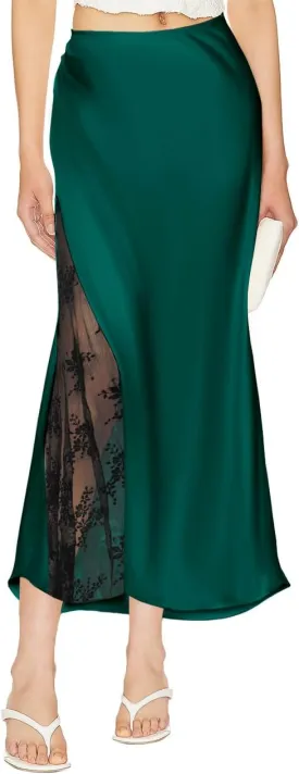 Women's Satin Silk Skirts A Line Flowy Ruffle Floral Lace Splicing Cocktail Party Maxi Long Skirt