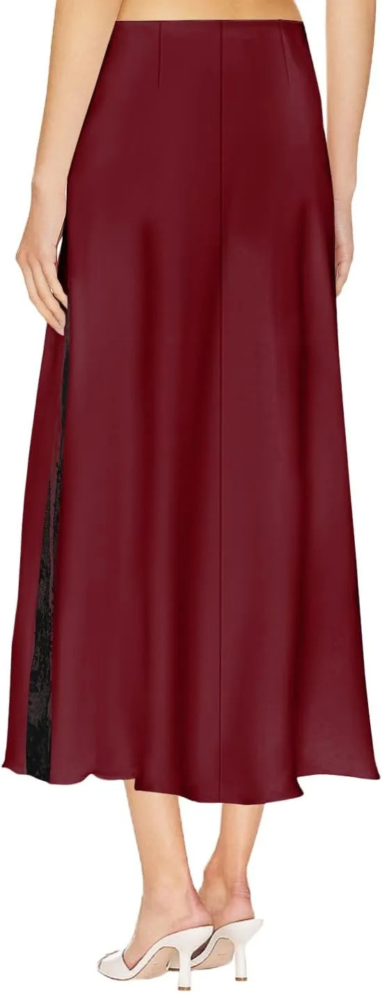 Women's Satin Silk Skirts A Line Flowy Ruffle Floral Lace Splicing Cocktail Party Maxi Long Skirt