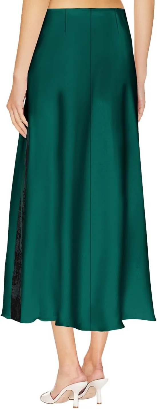 Women's Satin Silk Skirts A Line Flowy Ruffle Floral Lace Splicing Cocktail Party Maxi Long Skirt