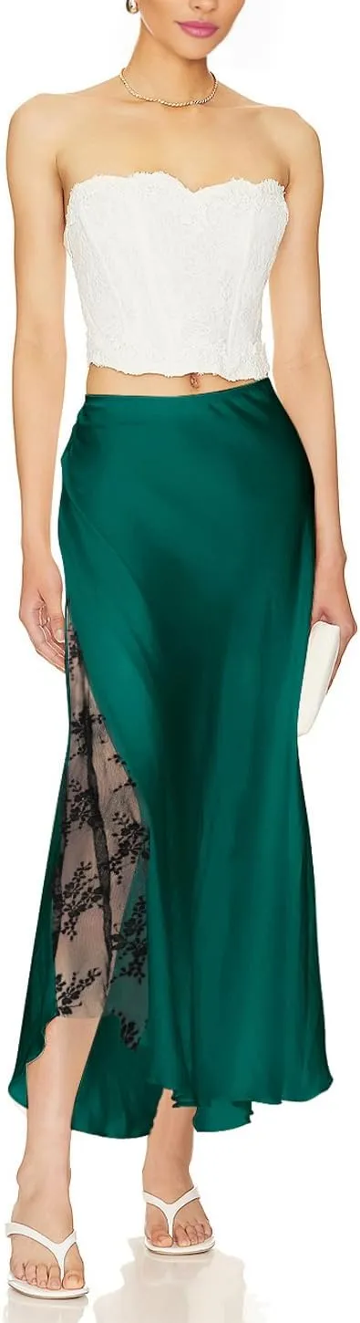 Women's Satin Silk Skirts A Line Flowy Ruffle Floral Lace Splicing Cocktail Party Maxi Long Skirt