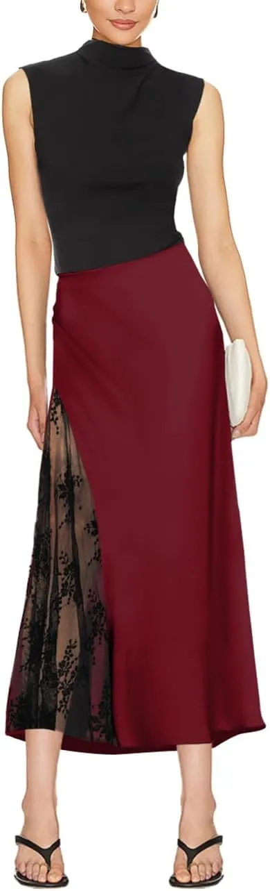 Women's Satin Silk Skirts A Line Flowy Ruffle Floral Lace Splicing Cocktail Party Maxi Long Skirt