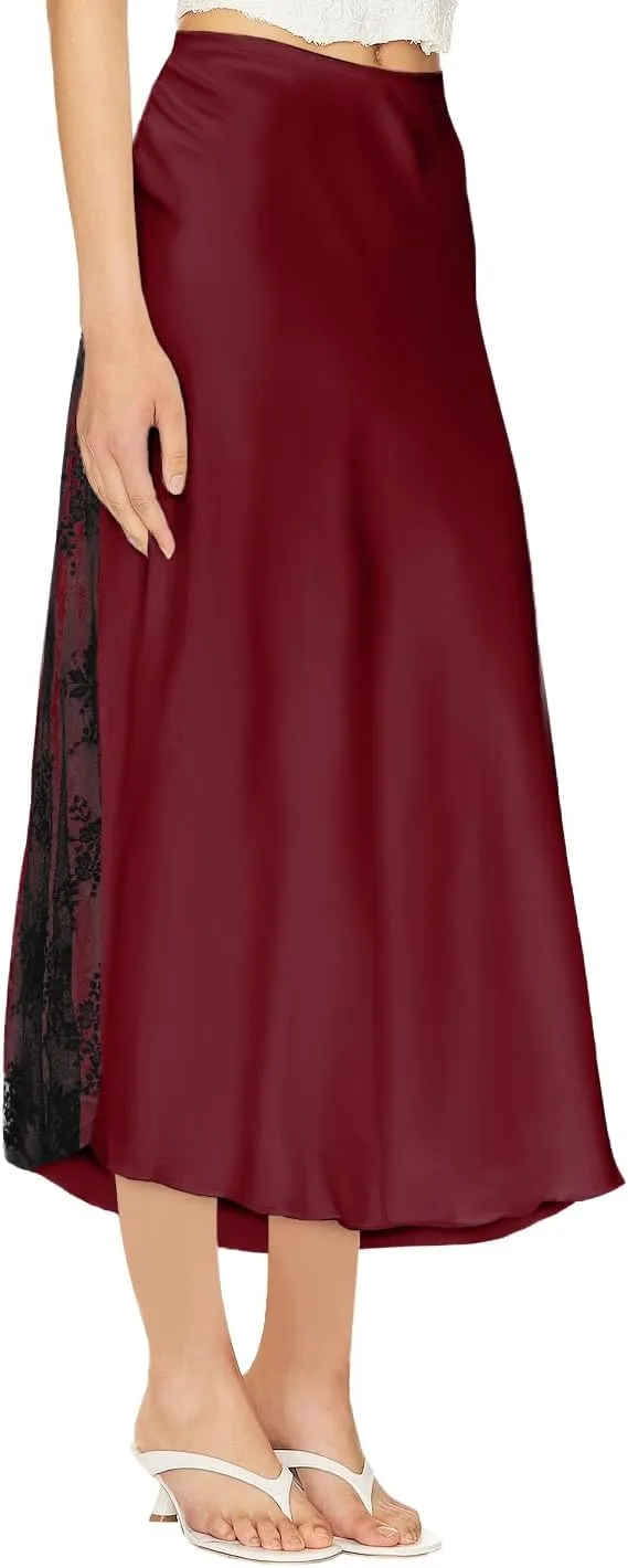 Women's Satin Silk Skirts A Line Flowy Ruffle Floral Lace Splicing Cocktail Party Maxi Long Skirt