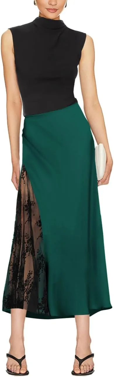 Women's Satin Silk Skirts A Line Flowy Ruffle Floral Lace Splicing Cocktail Party Maxi Long Skirt