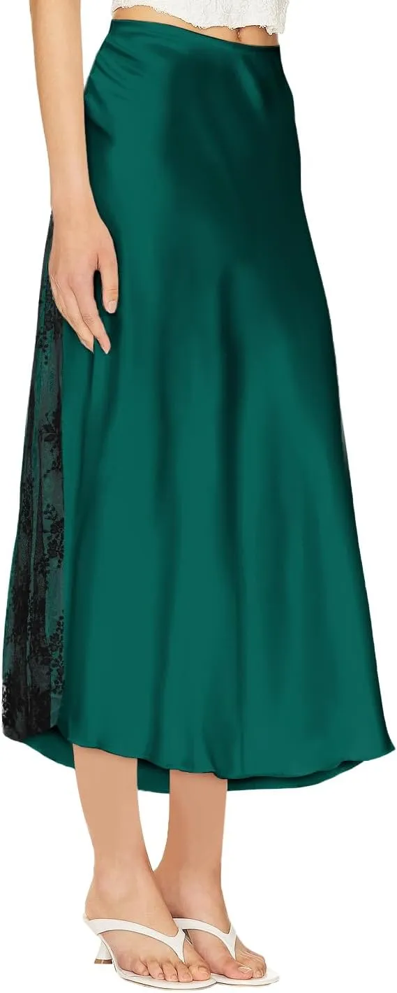 Women's Satin Silk Skirts A Line Flowy Ruffle Floral Lace Splicing Cocktail Party Maxi Long Skirt