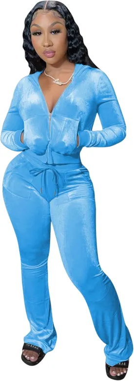 yidengymx Womens 2 Piece Velour Tracksuit Two Piece Outfits for Women Long Sleeve Zip Up Crop Tops Sweatpants Sets Pockets